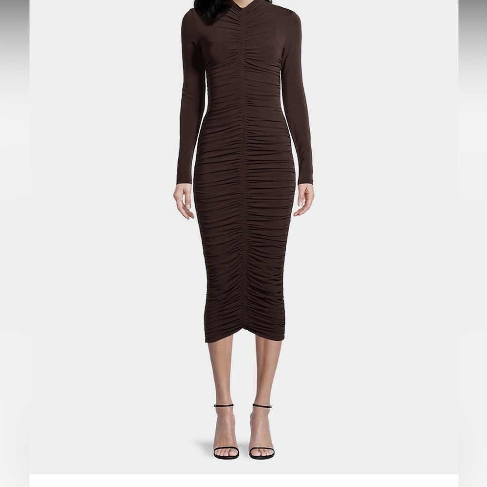 Long Sleeve Ruched Midi Dress in Dark Brown